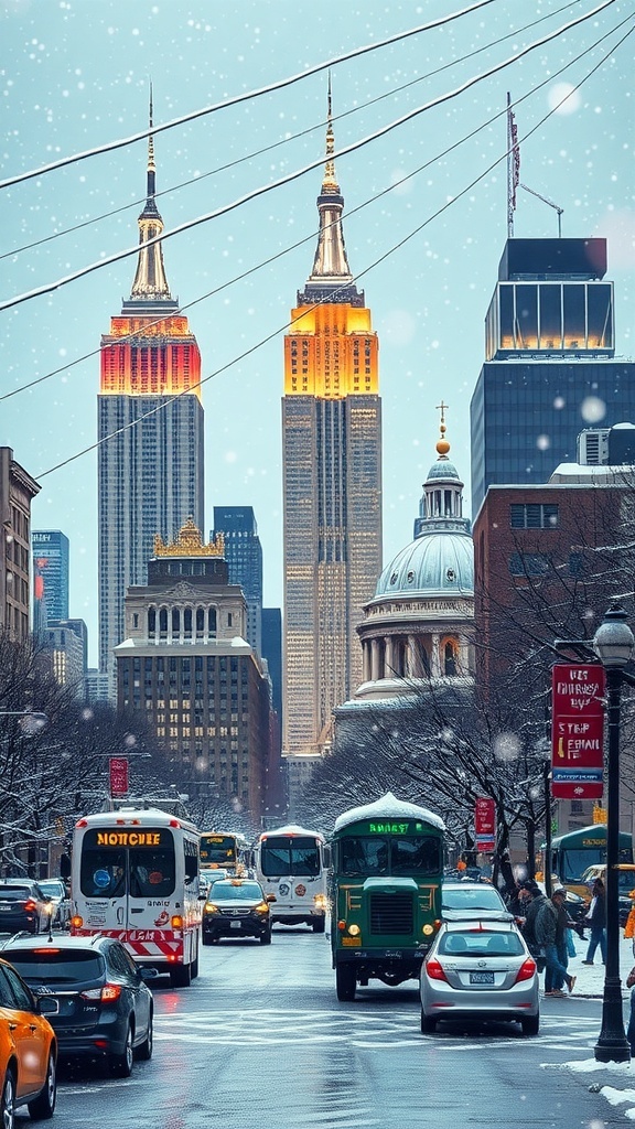 New York City Christmas wallpaper with snow-covered streets and holiday decorations.